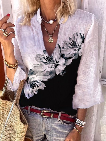 Casuale 3/4 Manica Misto Cotone Camicie & Top, Bianco-nero, Blouses & Shirts