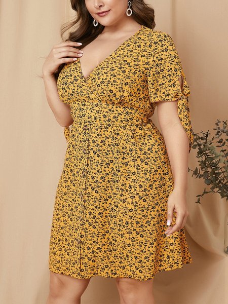 

Sweet Floral Retro Polyester Cotton V Neck Weaving Dress, Yellow, Dresses