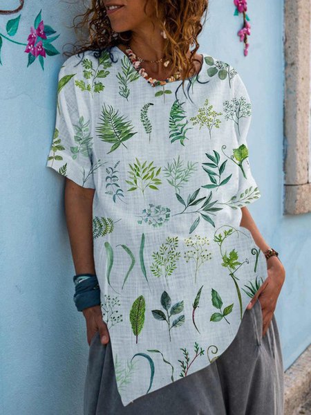 All'aperto Piante Maniche Corte Girocollo Top, Bianco, Blouses & Shirts