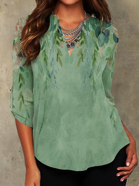 

Floral-Print Casual Cotton-Blend Half Sleeve Tops, Green, Blouses & Shirts