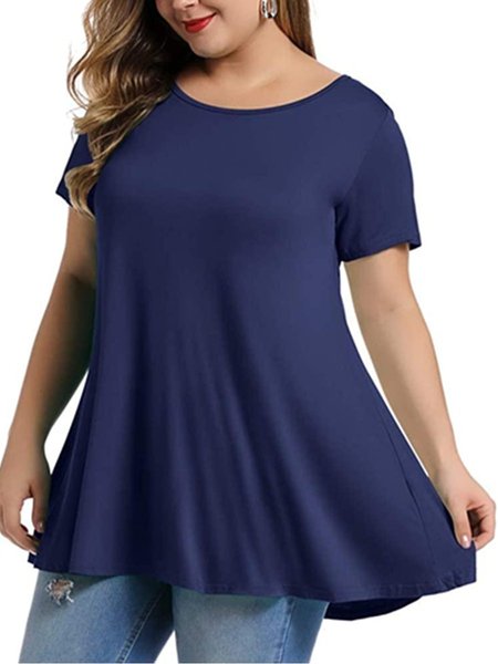 

Crew Neck Polyester Fibre A-Line Short Sleeve Tops, Deep blue, T-Shirts
