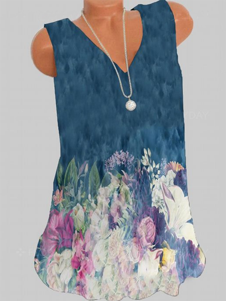 

Scollo a V Stampato Floreale senza maniche Casuale Top, Blu, Tops