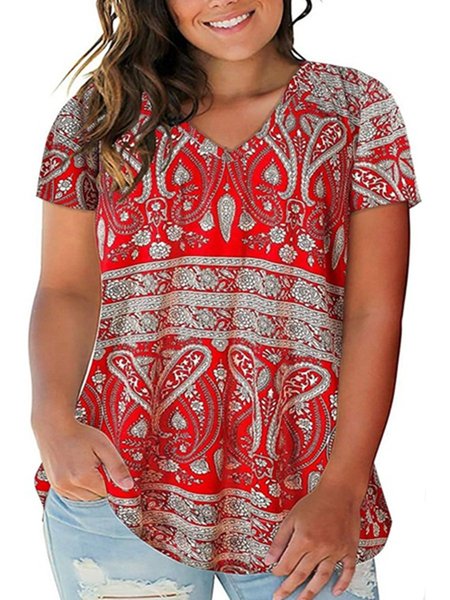 

Tribal A-Line Short Sleeve V Neck T-shirt, Red, T-Shirts