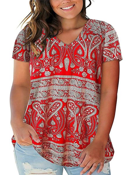 

Women's Plus Size Floral Tops V Neck T-Shirts Short Sleeve Casual Tees, Red, T-Shirts