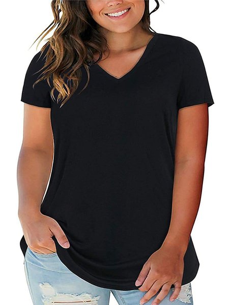 

Women's Plus Size Plain Tops V Neck T-Shirts Short Sleeve Casual Tees, Black, T-Shirts
