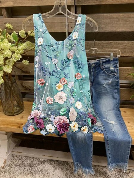 

Floreale senza maniche Stampato Poliestere Girocollo Dolce Estate Blu Superiore, Tank Top