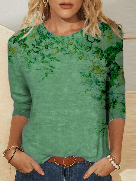 

Floreale Casuale Maniche Lunghe Top, Verde, T-Shirts