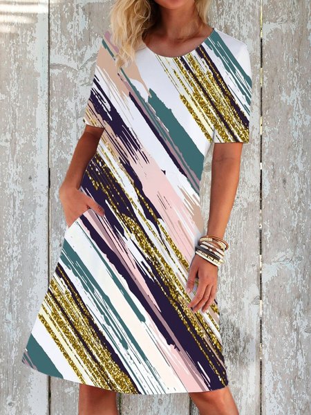 

Casuale a Righe Stampato Girocollo Midi Abito, Come immagine, Dresses