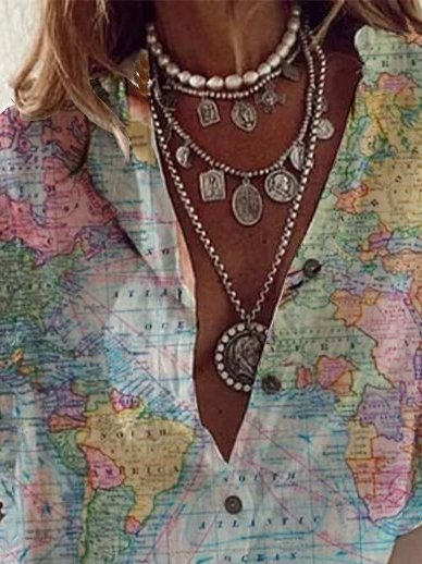 

Vintage Map Shift Short Sleeve Graphic Shirt Collar Blouse, As picture, Blouses & Shirts