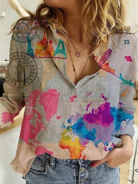 Casual Printed Shirt Collar Blouse, Multicolor, Blouses & Shirts