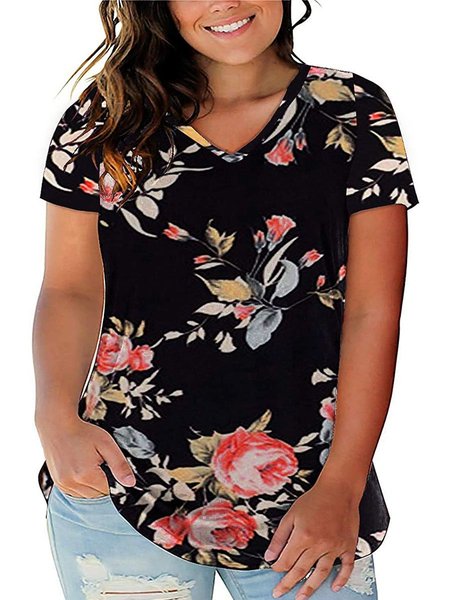 

Women's Plus Size Floral Tops V Neck T-Shirts Short Sleeve Casual Tees, Black, T-Shirts