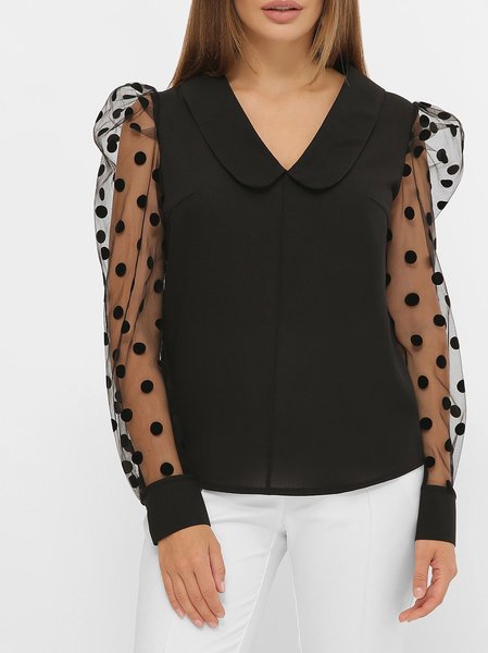 

Shawl Collar Polka Dots Elegant Long Sleeve Top, Black, Blouses and Shirts