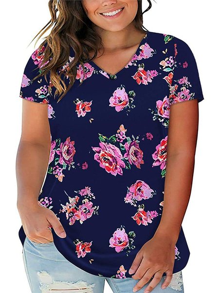 

Women's Plus Size Floral Tops V Neck T-Shirts Short Sleeve Casual Tees, Purplish blue, T-Shirts