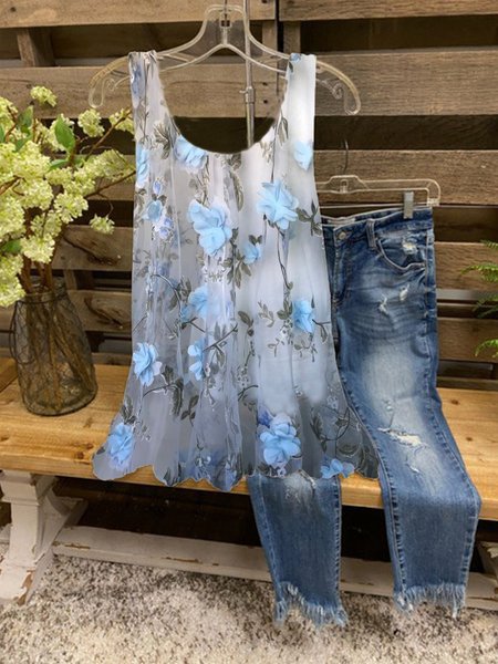 

Vintage Crew Neck Sleeveless Tops, Blue, Tank Top
