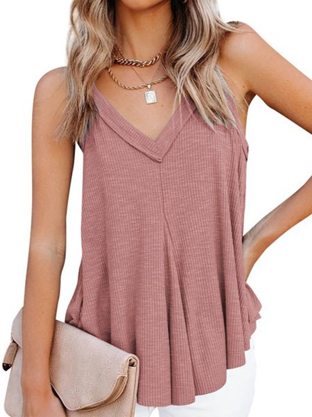 

Vintage Plain Sleeveless V Neck Plus Size Casual Tops, Pink, Tank Top