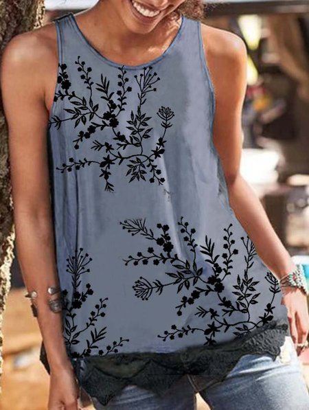 

Floreale senza maniche Pizzo Misto Cotone Girocollo Vintage Estate Blu Superiore, Tops