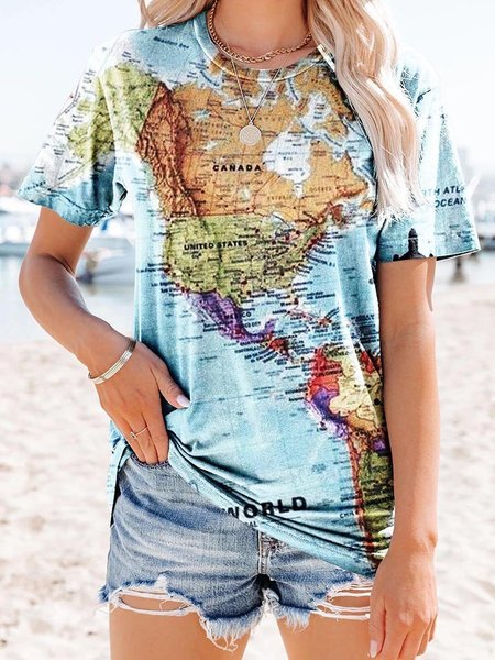 

Casuale Girocollo Stampato Camicie & Top Misto Cotone, Blu, Tops