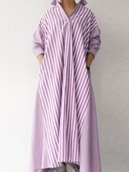 

Casuale strisce Scollo a V Maniche Lunghe Abito, Rosa, Maxi Dresses