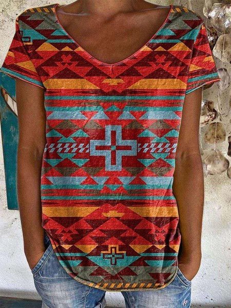 

Bohemian resort style V-neck Casual Short Sleeve T-shirt, Multicolor, T-Shirts