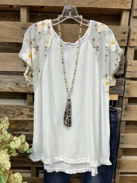 

Paneled Short Sleeve Floral Casual Tops, Light blue, Tops