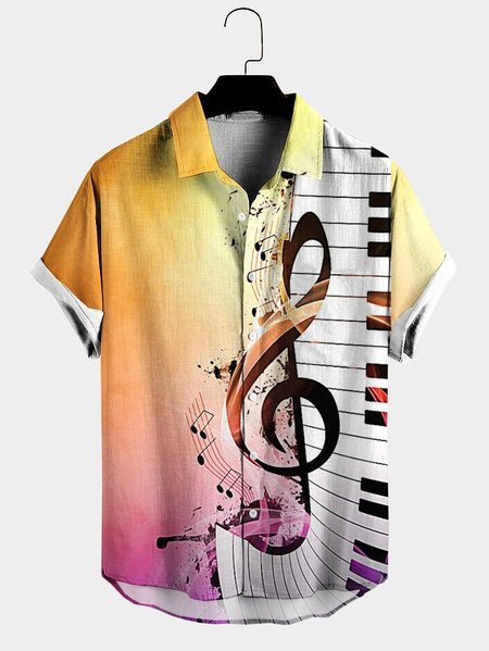 

Mens Music Note Print Lapel Casual Loose Short Sleeve Hawaiian Shirt, As picture, Blouses&Shirts