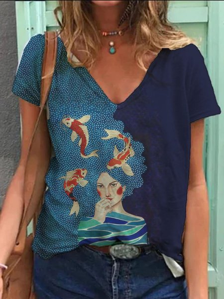 

Short Sleeve Cotton T-shirt, Blue, Tops