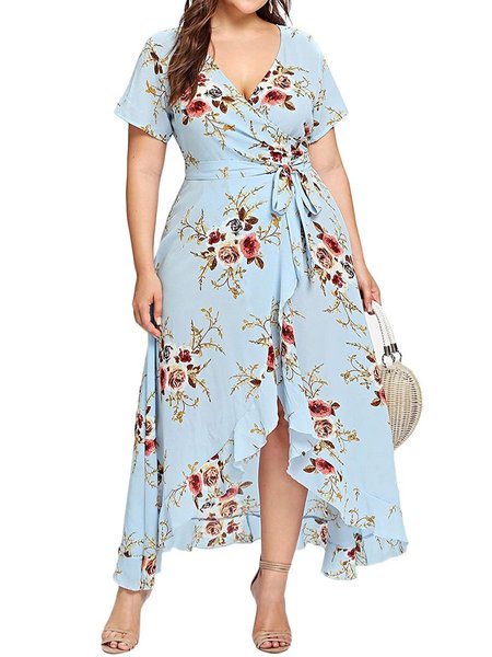 

Floral Holiday V Neck Short Sleeve Weaving Dress, Light blue, Dresses