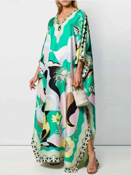 

Holiday Printed Shift 3/4 Sleeve Maxi Dress, Green, Maxi Dresses
