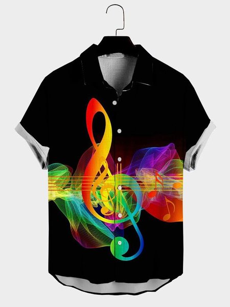 

Uomo Musica Nota Stampare Risvolto Casuale Sciolto Maniche Corte hawaiano Camicia, Nero, Men's Top