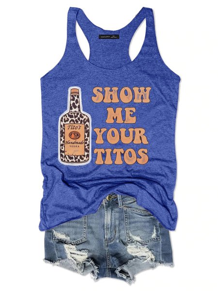 

Show Me Your Titos Sleeveless Letter Women Tank, Blue, Tank Tops