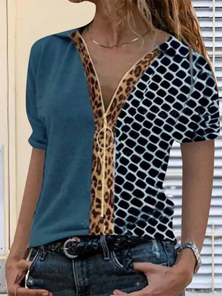 

Maniche Corte Casuale Stampato Scollo a V Top, Blu, Blouses & Shirts