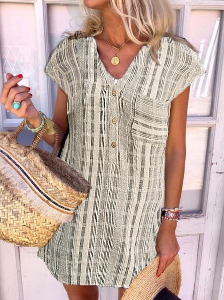 

A-Line Vintage Short Sleeve Striped Texture Women Dress, Gray, Mini Dresses