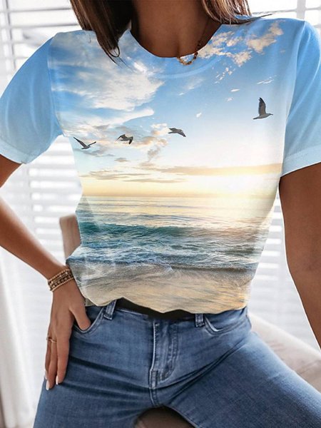 

Cotton Printed Short Sleeve Shirts & Tops, Blue, Printed T-shirts