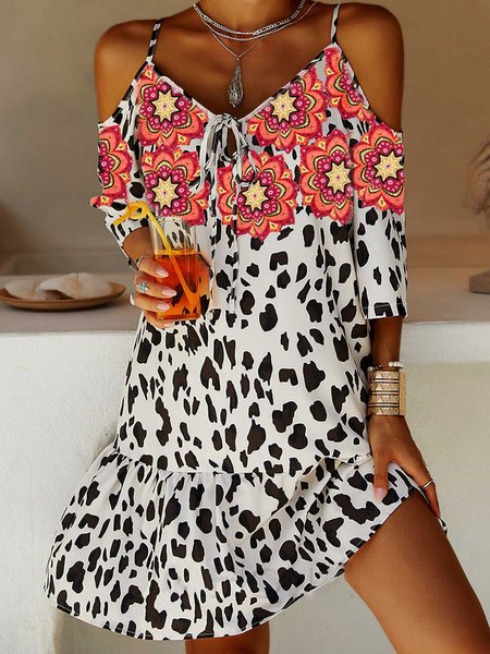 

Abito Dritto Leopardo Maniche Corte Misto Cotone, Bianco, Dresses