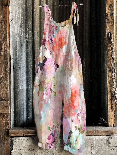 

Casuale Floreale Cotone miscela senza maniche pagliaccetti, Rosa, Jumpsuits
