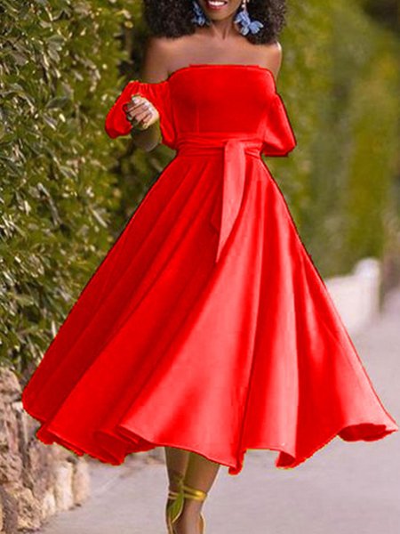 

Short Sleeve Solid Off Shoulder Midi Dress, Red, Midi Dresses