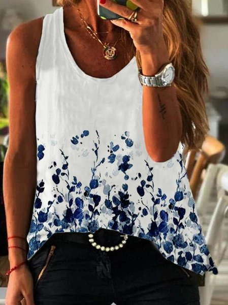 

Dritto Girocollo Casuale Gilet Misto Cotone, Bianco, Blouses & Shirts