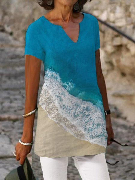 

V Neck Shift Holiday Floral-Print T-Shirts, Blue, T-Shirts