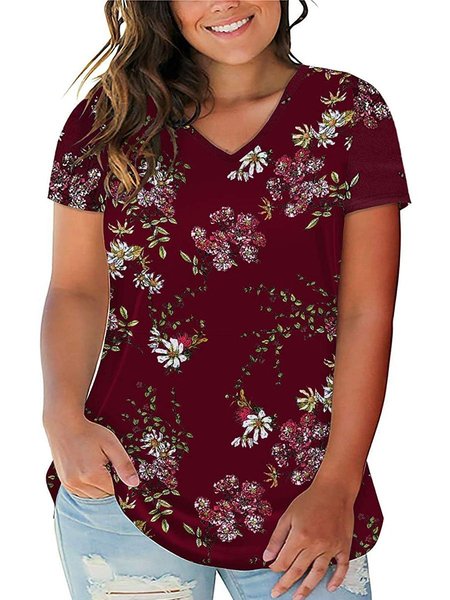 

Women's Plus Size L- Floral Tops V Neck T-Shirts Short Sleeve Casual Tees, Wine red, T-Shirts