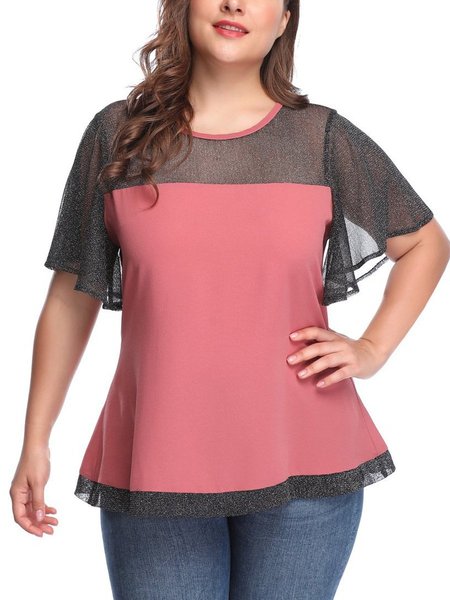 

A-Line Holiday V Neck Short Sleeve Plain Resort Shirts & Tops, Pink, T-Shirts