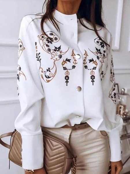 

Tribal Work Long Sleeve Stand Collar Top, White, Blouses and Shirts