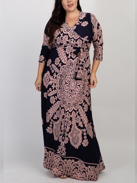

V Neck Tribal Short Sleeve Boho Knitting Dress, Black, Floral Dresses
