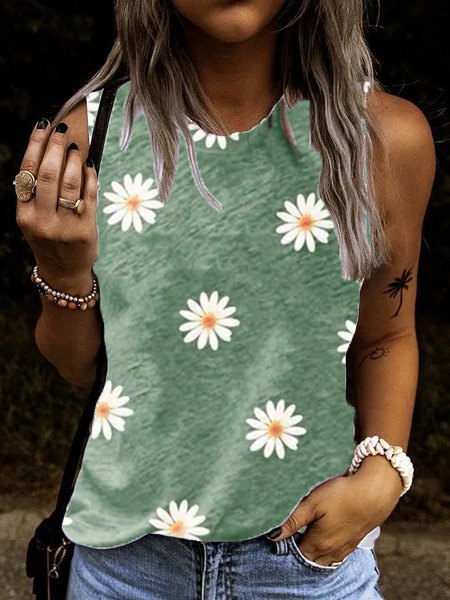 

Girocollo senza maniche Stampato Floreale Casuale Top, Verde, Tops
