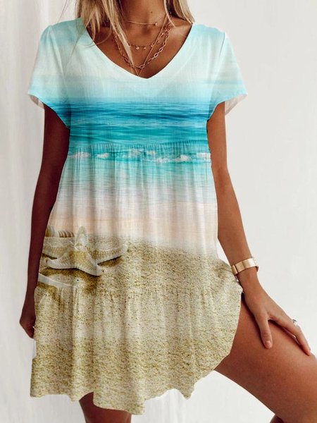

Blue Printed Beach Holiday V Neck Short Sleeve A-line Knitting Dress, Mini Dresses