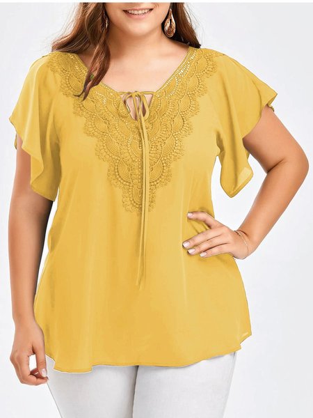 

Plus Size V Neck Short Sleeve Tops, Yellow, T-Shirts