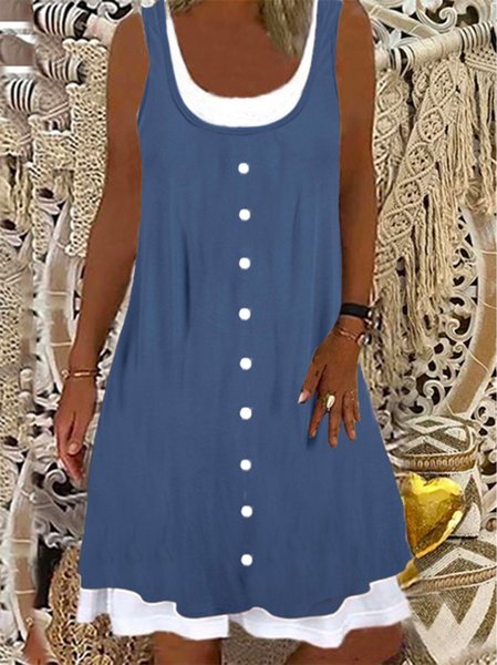 

Vintage Bohemian Vacanza Tinta unita Scollo a U A-line senza maniche Gonna Casuale, Blu, Summer dresses
