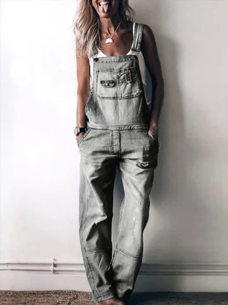

Casuale Denim Patchwork tuta, Grigio, Jumpsuits