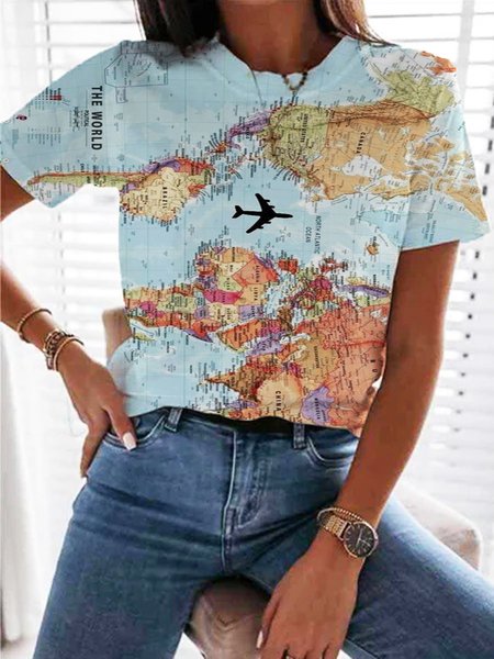 

Map of World Printed Short Sleeve Shift Casual T-shirt, As picture, Tops