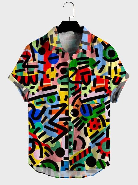 

Mens Graffiti Color Print Pocket Lapel Casual Loose Short Sleeve Shirt, Red, Men's shirts