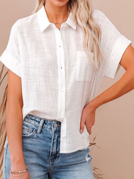

Pockets Casual Shirt Collar Short Sleeve Blouse, White, Blouses & Shirts